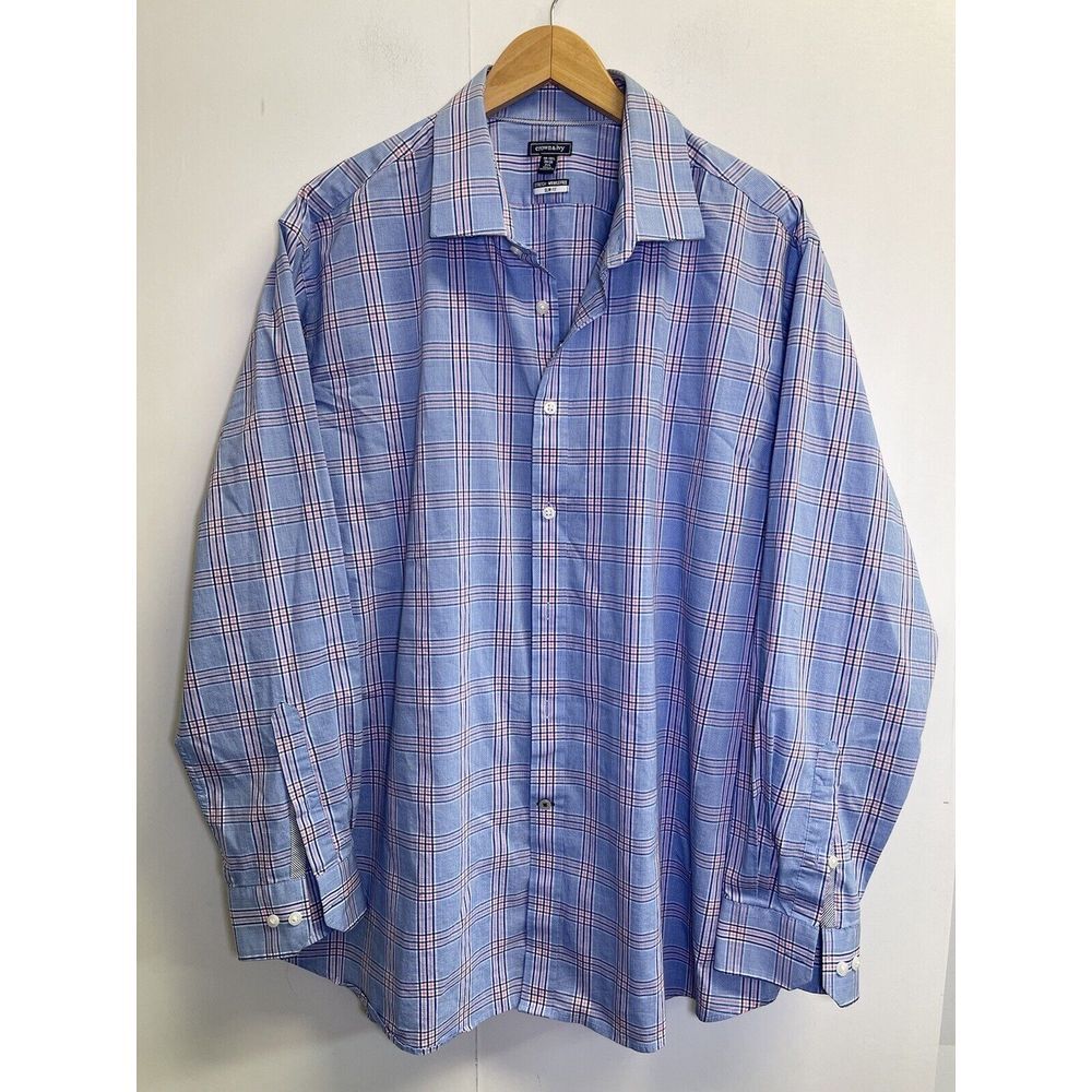 Crown Ivy Shirt Mens 18 34/35‎ 2XL Blue Pink Plaid Stretch Wrinkle Free Slim Fit